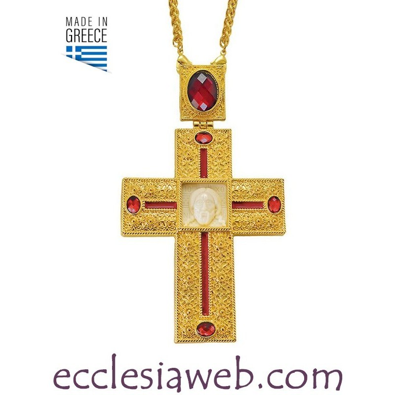 CROCE PETTORALE ORTODOSSA CON PIETRE ROSSE