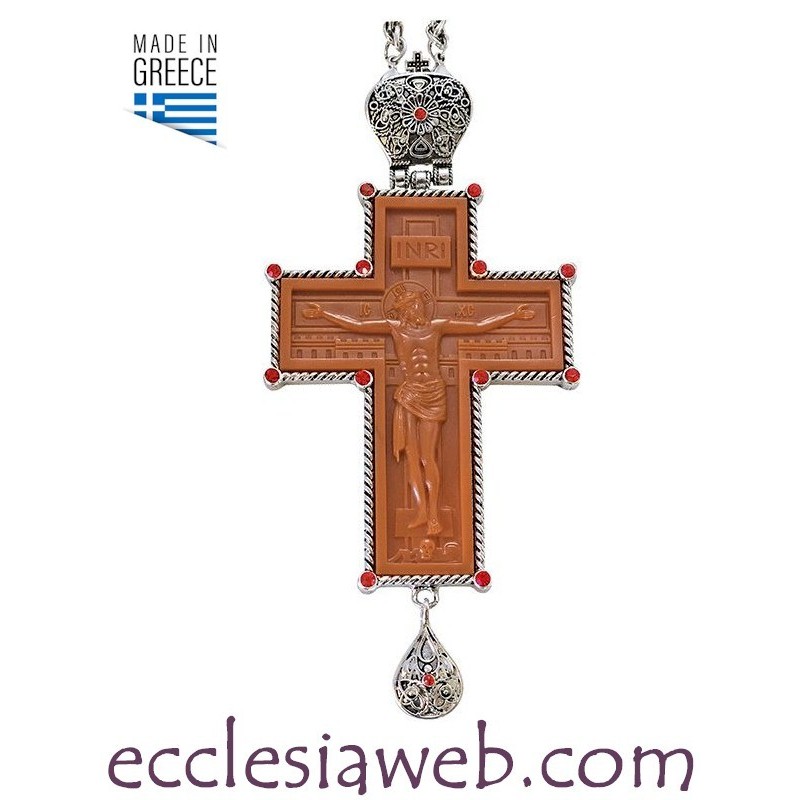 CROCE PETTORALE ORTODOSSA CON PIETRE ROSSE